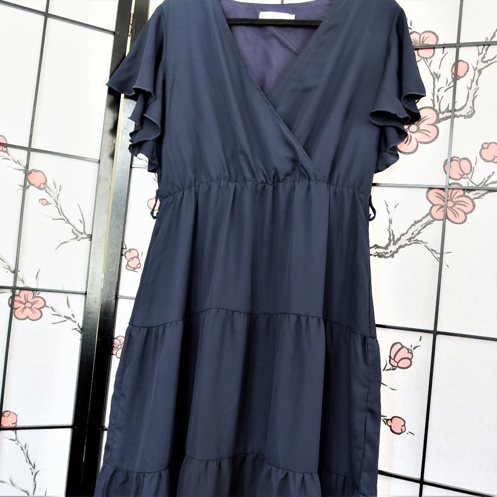 Temofon Navy Blue Tired Ruffle Sleeves Prairie Dress Size Large